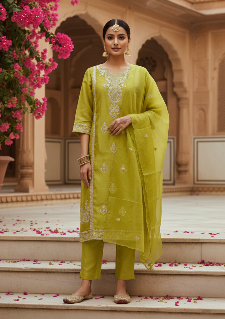 Parrot Green Art Silk Cording Straight Kurta With Pant Regular And Dupatta