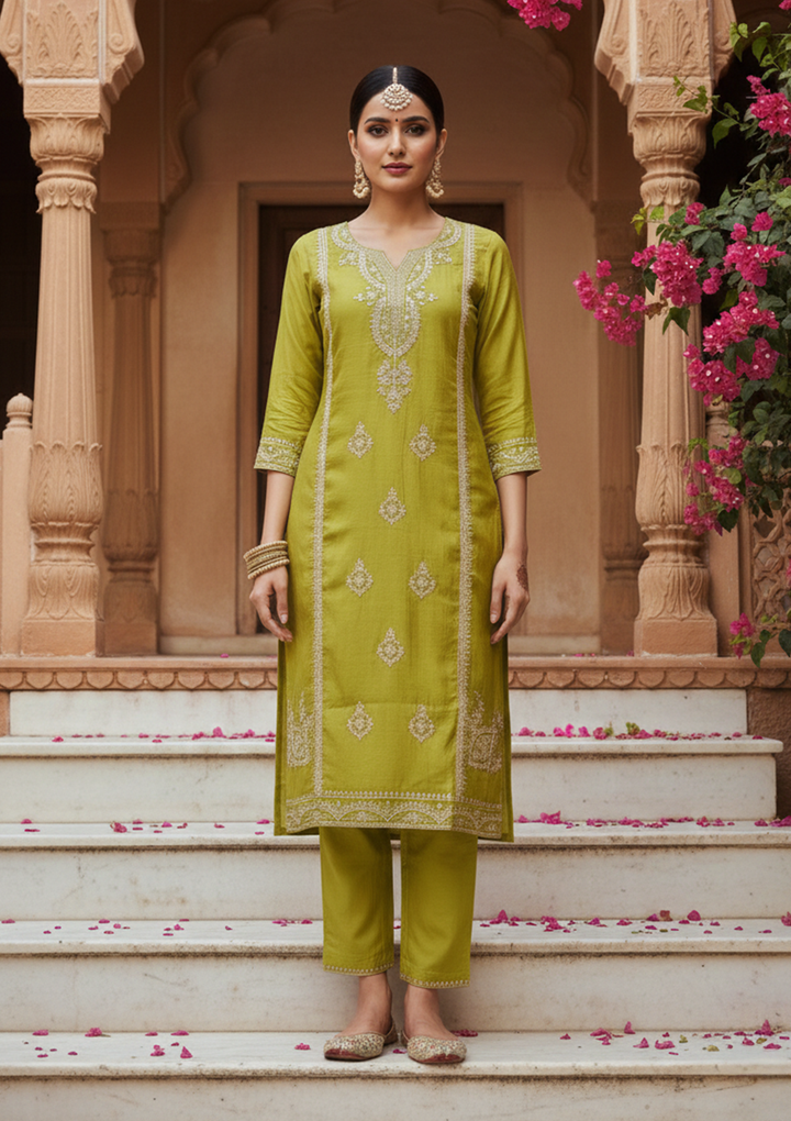 Parrot Green Art Silk Cording Straight Kurta With Pant Regular And Dupatta