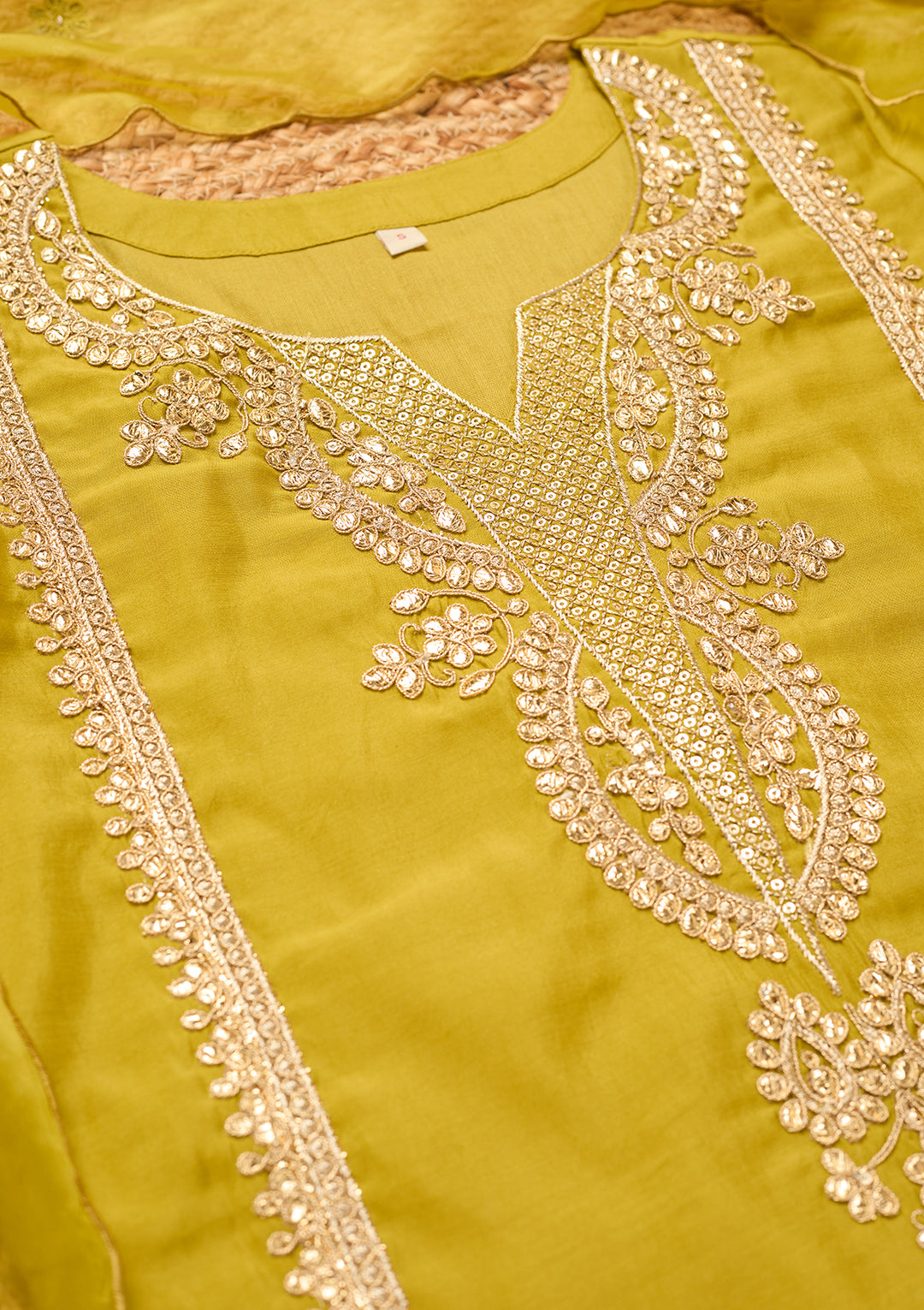 Parrot Green Art Silk Cording Straight Kurta With Pant Regular And Dupatta