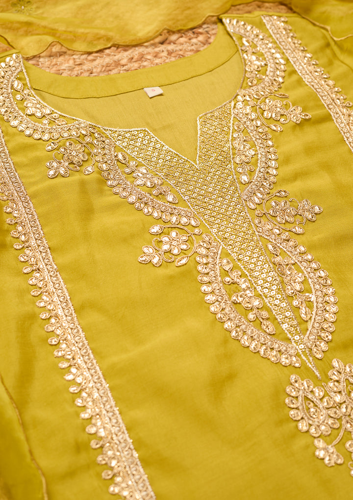 Parrot Green Art Silk Cording Straight Kurta With Pant Regular And Dupatta