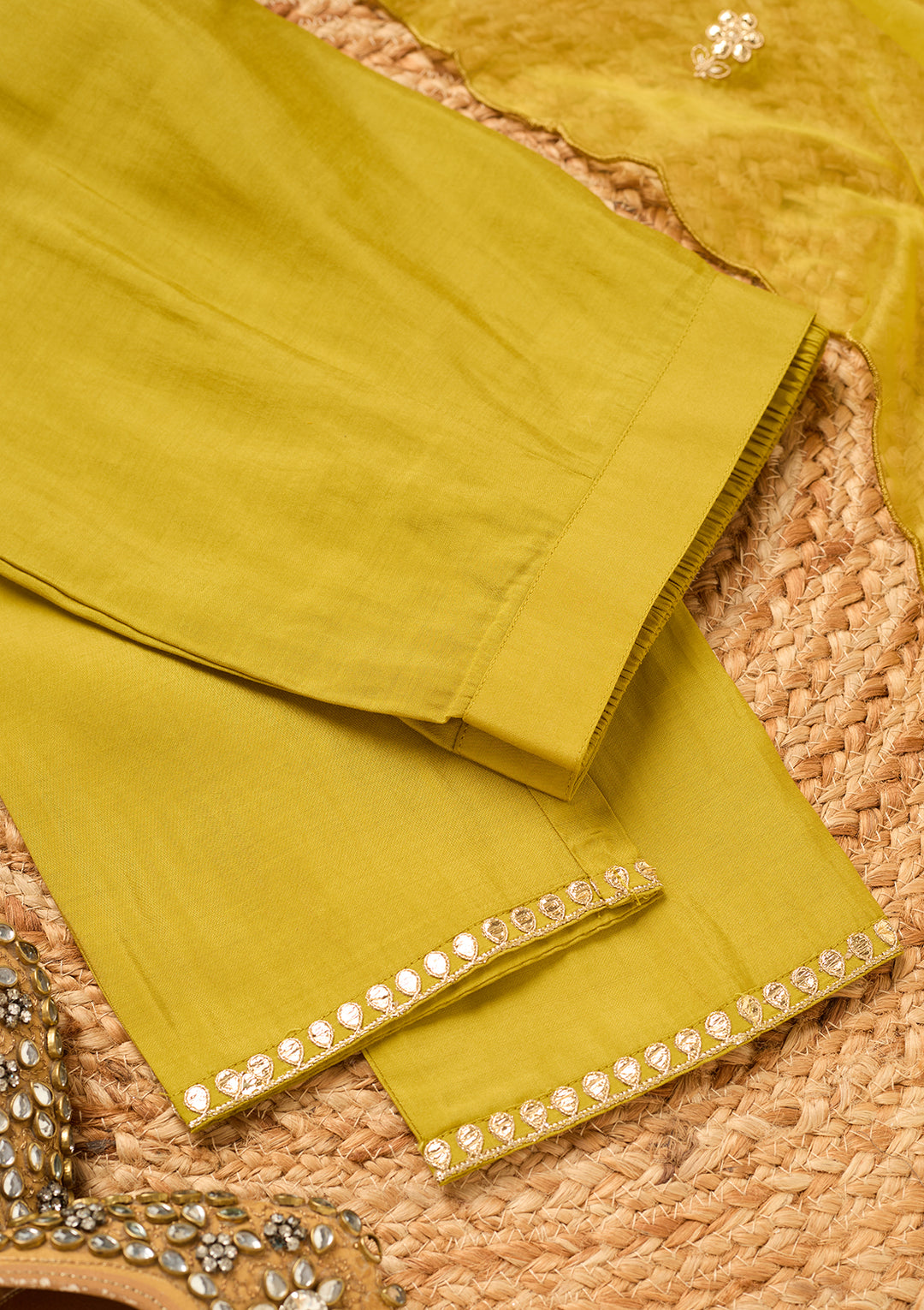 Parrot Green Art Silk Cording Straight Kurta With Pant Regular And Dupatta