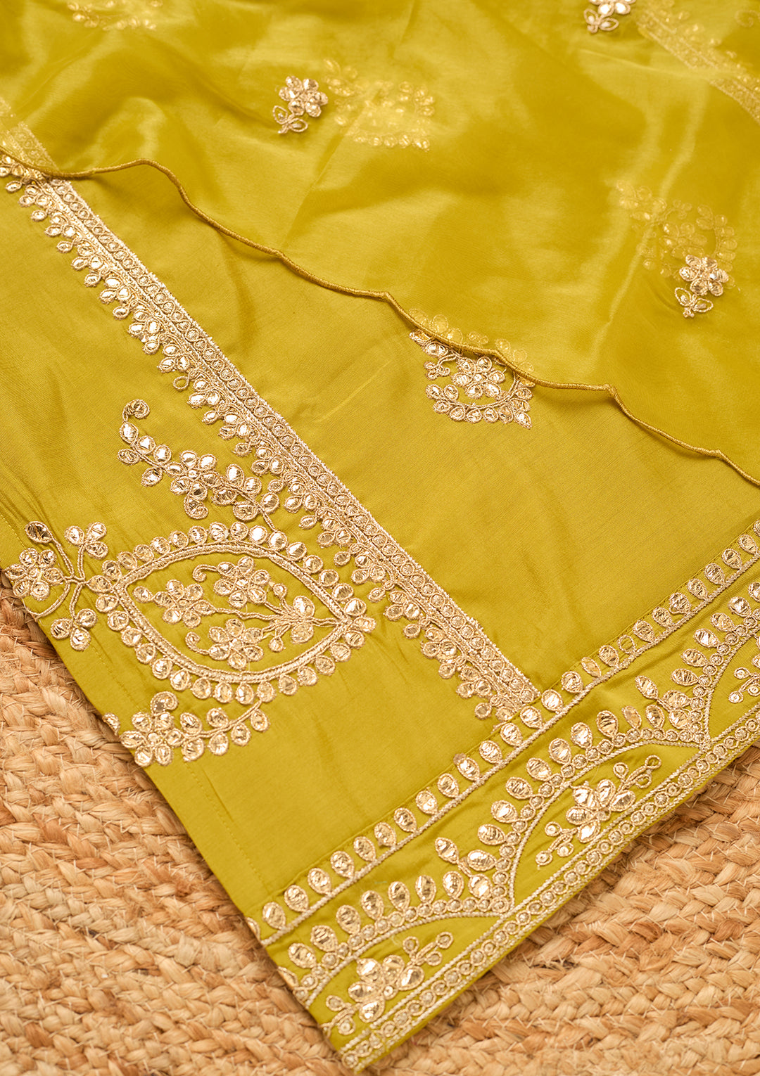 Parrot Green Art Silk Cording Straight Kurta With Pant Regular And Dupatta