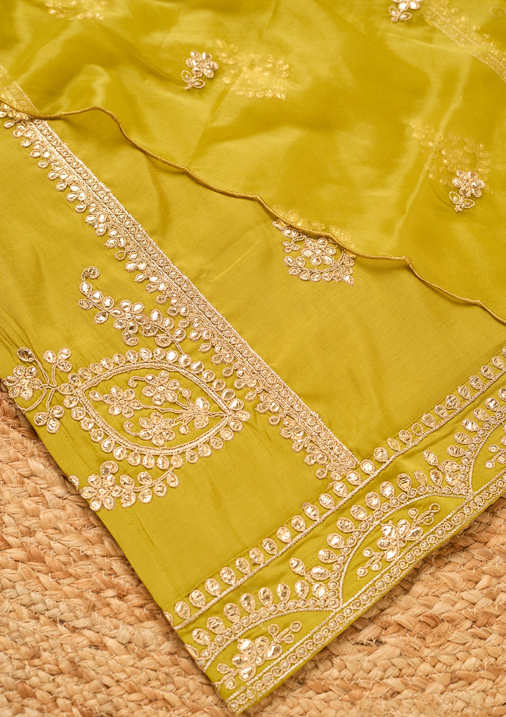 Parrot Green Art Silk Cording Straight Kurta With Pant Regular And Dupatta