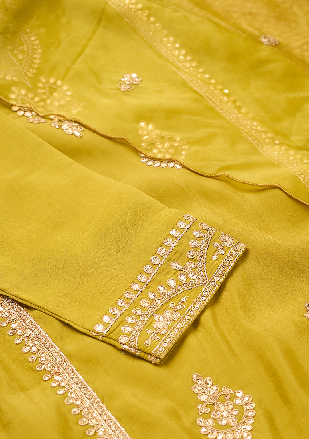 Parrot Green Art Silk Cording Straight Kurta With Pant Regular And Dupatta