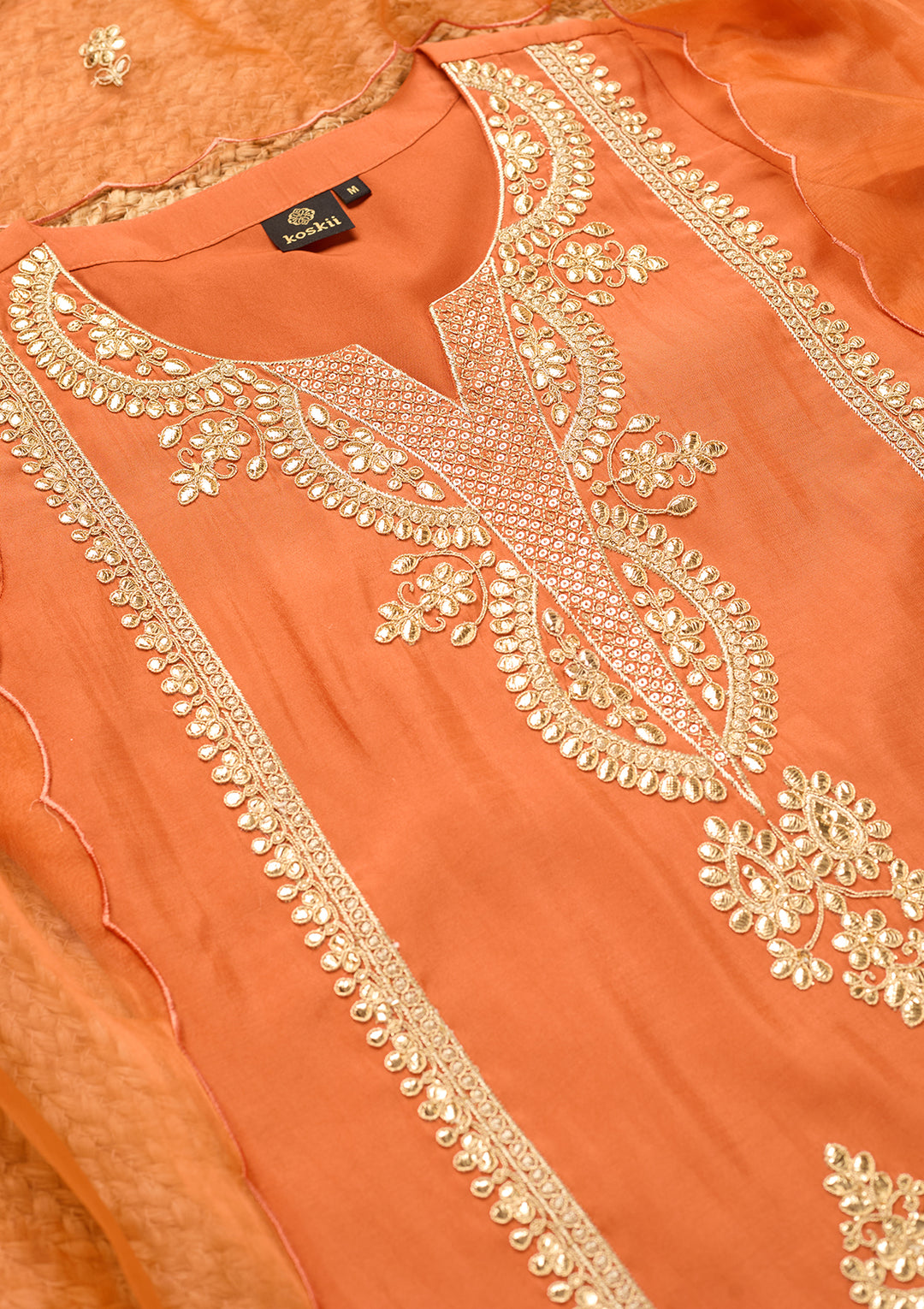 Rust Art Silk Cording Straight Kurta With Pant Regular And Dupatta