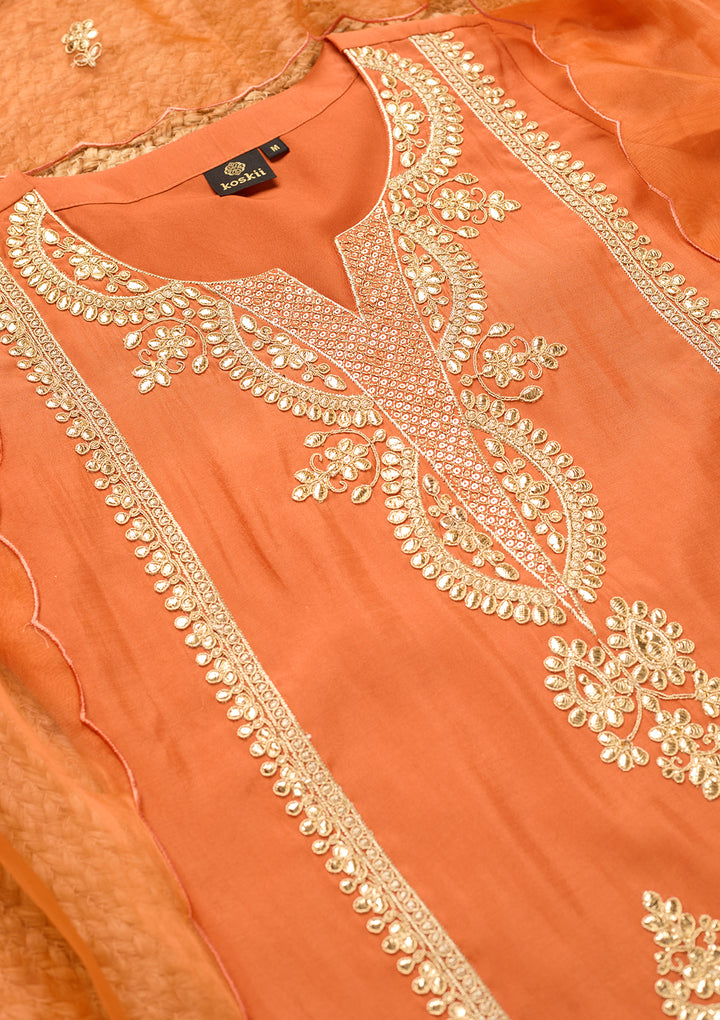 Rust Art Silk Cording Straight Kurta With Pant Regular And Dupatta