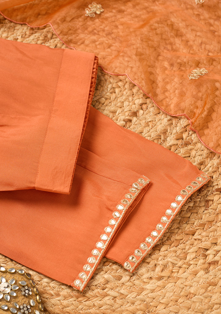 Rust Art Silk Cording Straight Kurta With Pant Regular And Dupatta