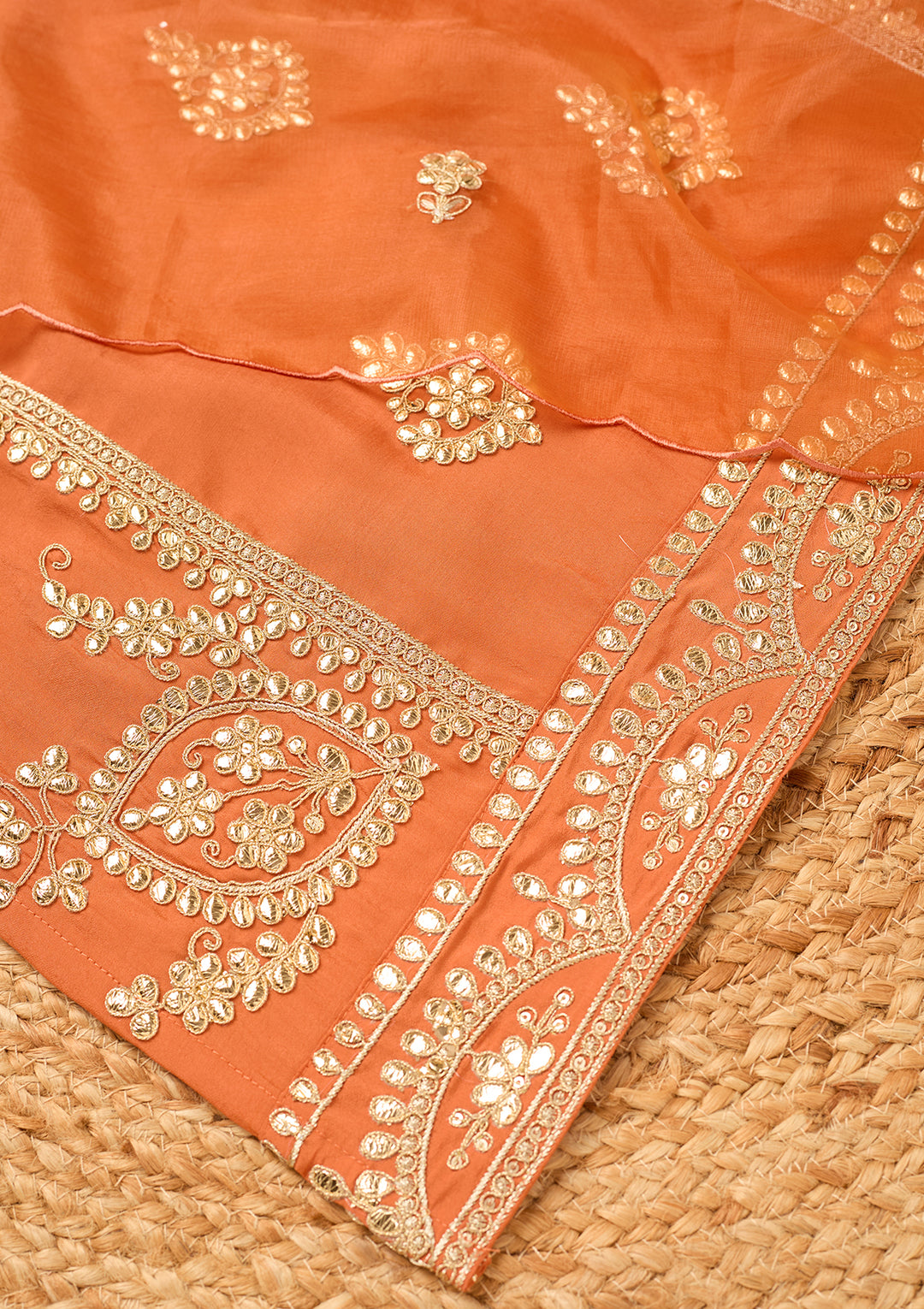 Rust Art Silk Cording Straight Kurta With Pant Regular And Dupatta
