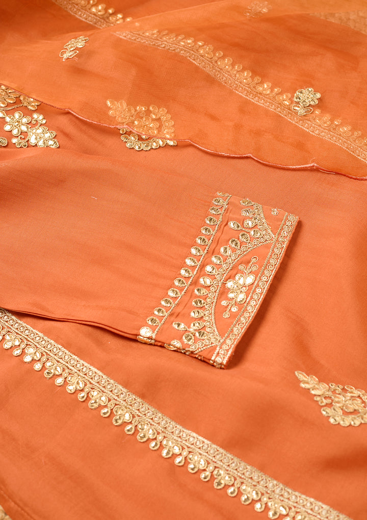 Rust Art Silk Cording Straight Kurta With Pant Regular And Dupatta
