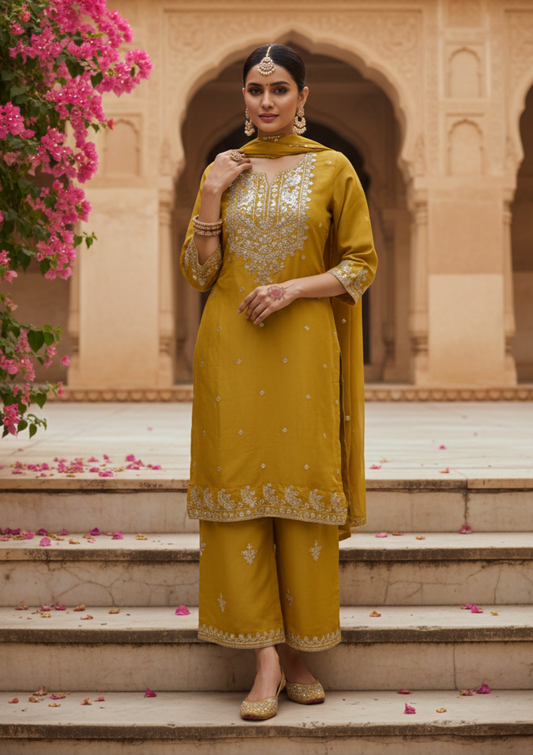Mustard Yellow Art Silk Sequins Straight Kurta With Palazzo And Dupatta