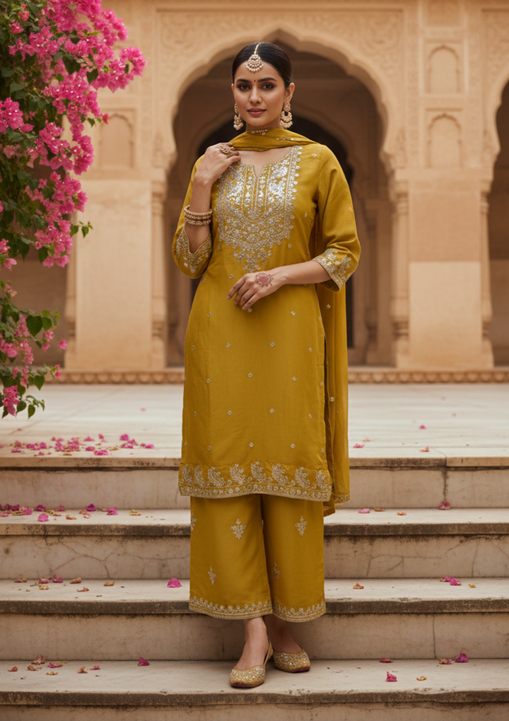 Mustard Yellow Art Silk Sequins Straight Kurta With Palazzo And Dupatta