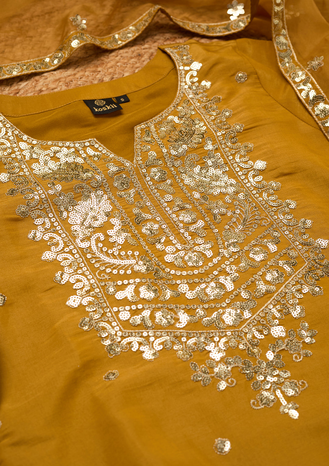 Mustard Yellow Art Silk Sequins Straight Kurta With Palazzo And Dupatta