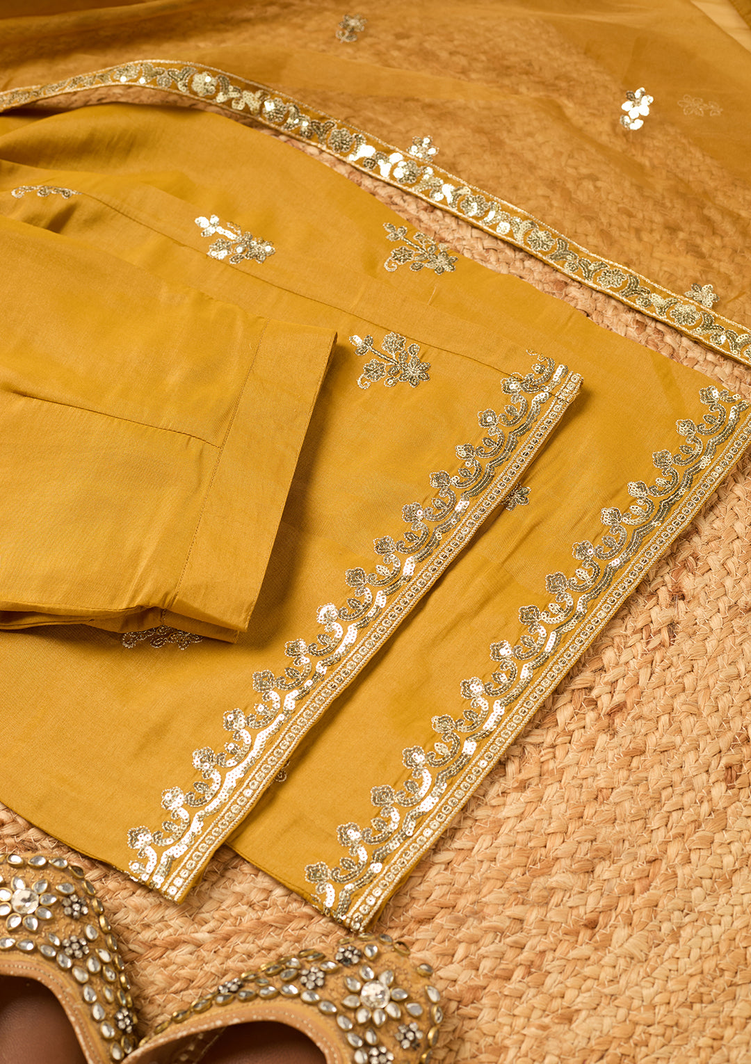 Mustard Yellow Art Silk Sequins Straight Kurta With Palazzo And Dupatta