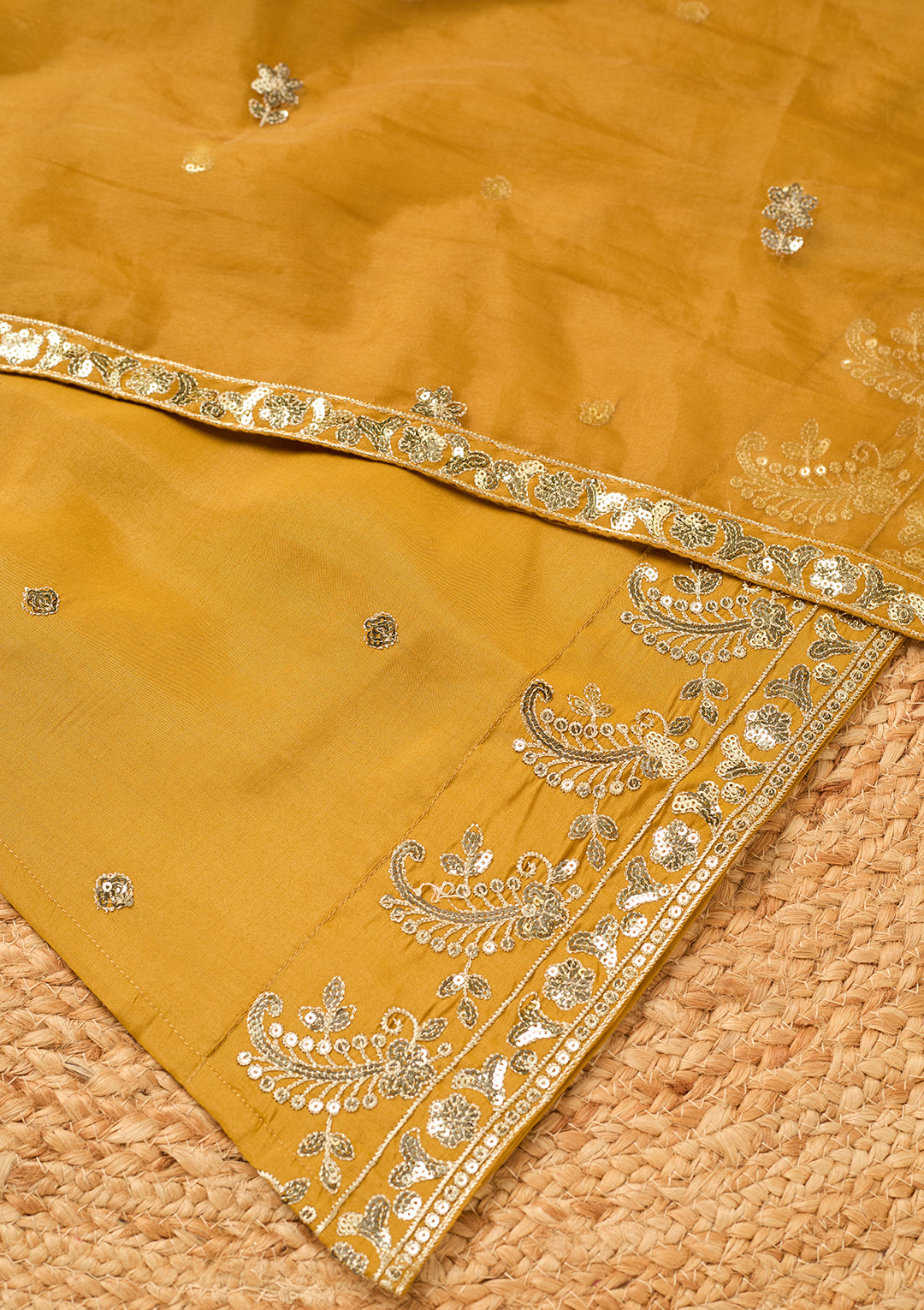 Mustard Yellow Art Silk Sequins Straight Kurta With Palazzo And Dupatta