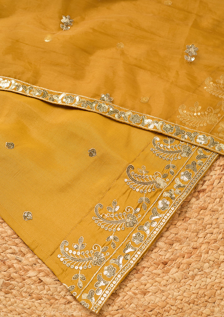 Mustard Yellow Art Silk Sequins Straight Kurta With Palazzo And Dupatta