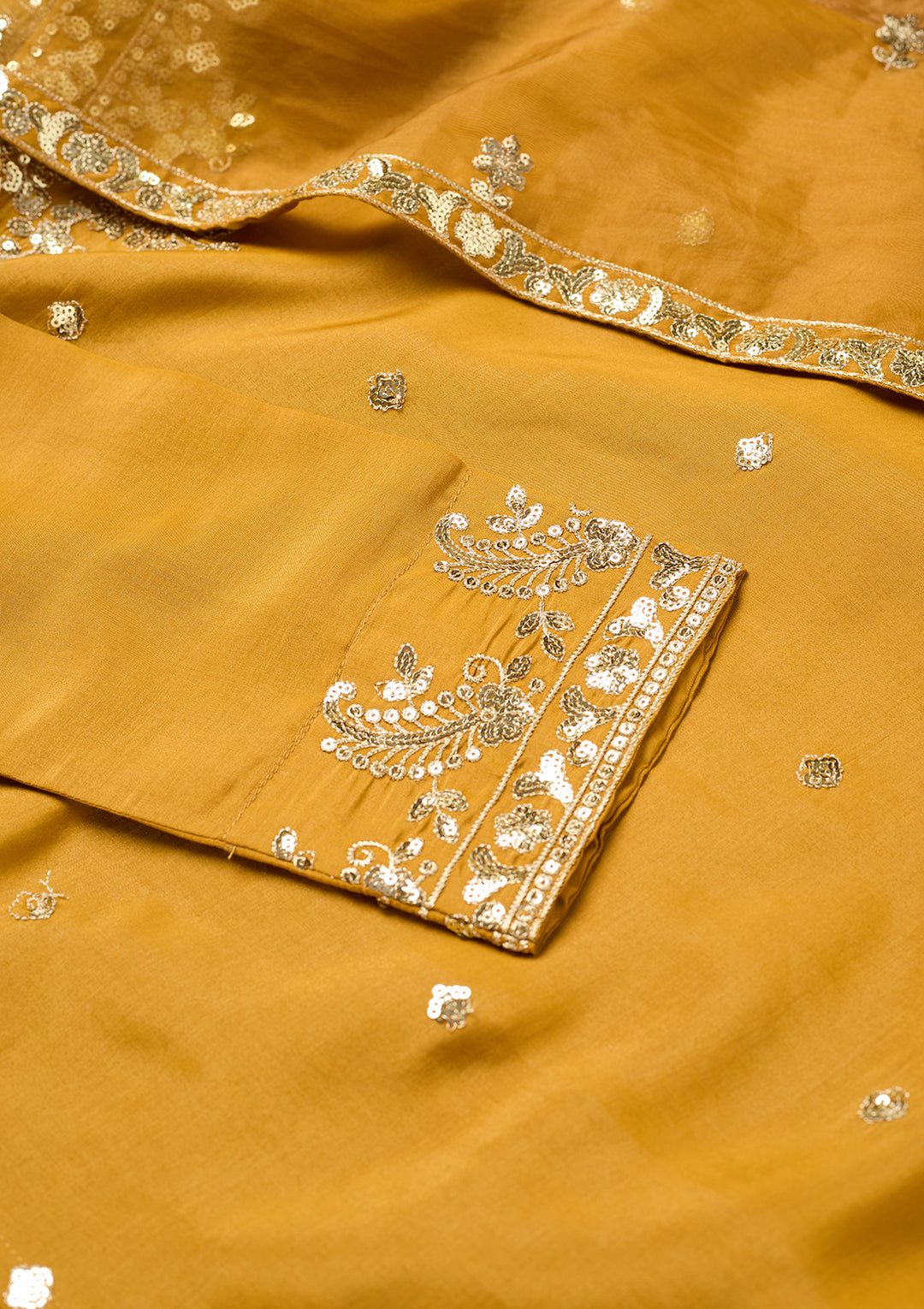 Mustard Yellow Art Silk Sequins Straight Kurta With Palazzo And Dupatta