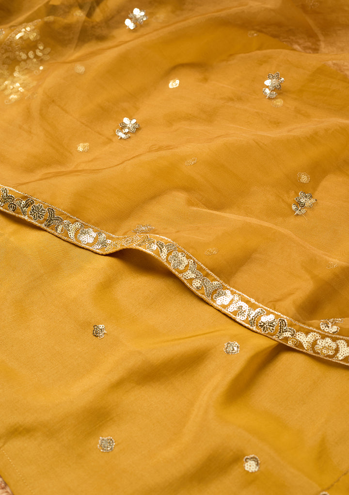 Mustard Yellow Art Silk Sequins Straight Kurta With Palazzo And Dupatta