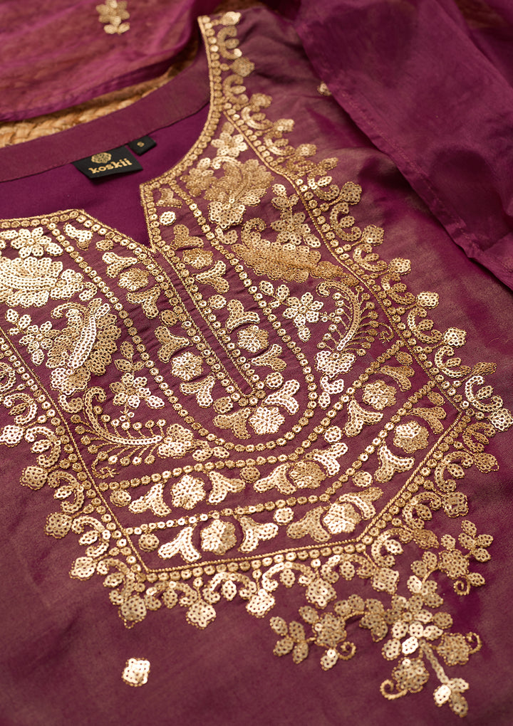 Wine Art Silk Sequins Straight Kurta With Palazzo And Dupatta