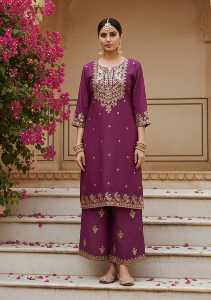 Wine Art Silk Sequins Straight Kurta With Palazzo And Dupatta