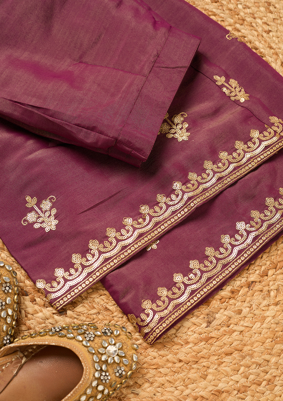 Wine Art Silk Sequins Straight Kurta With Palazzo And Dupatta