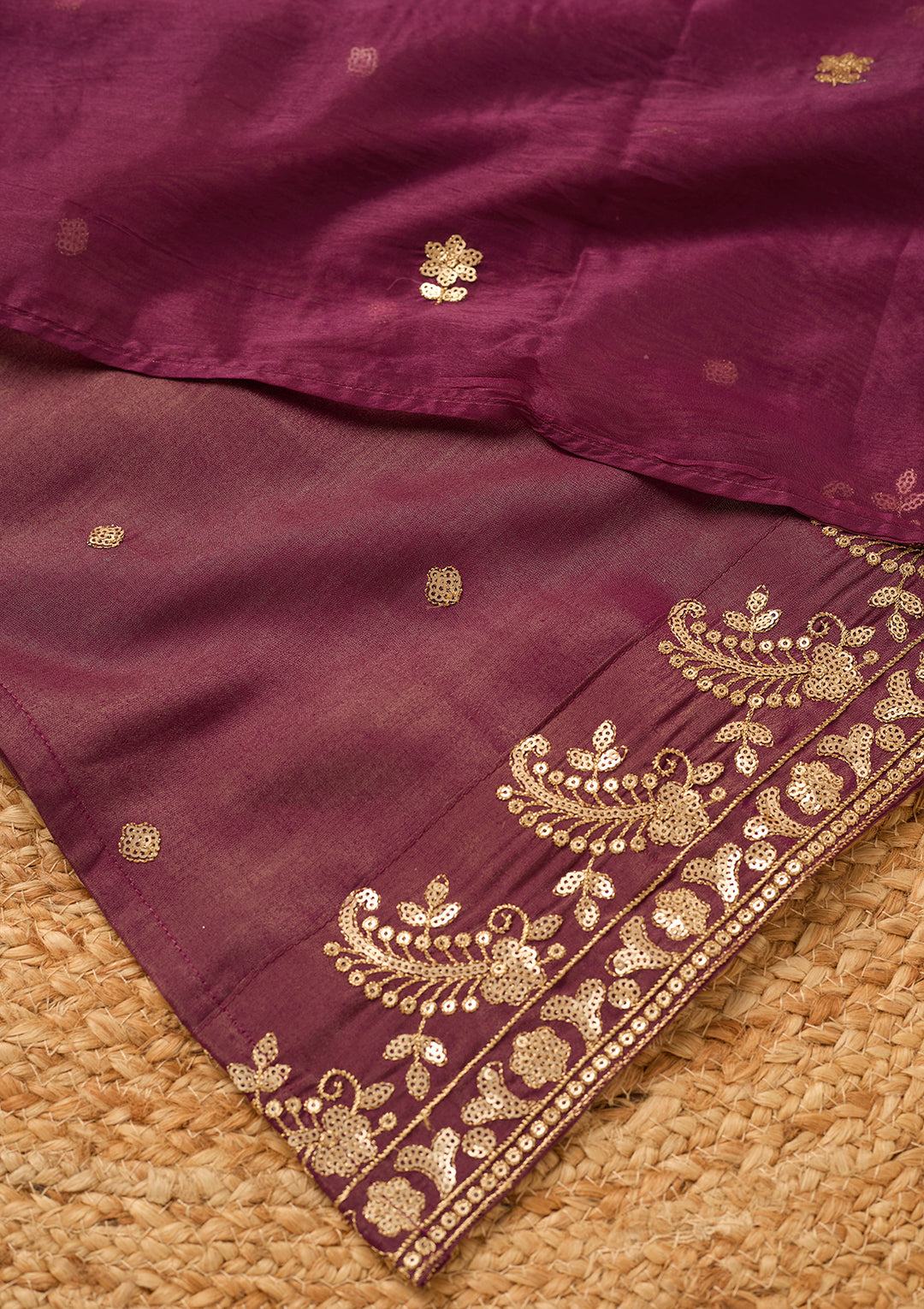 Wine Art Silk Sequins Straight Kurta With Palazzo And Dupatta