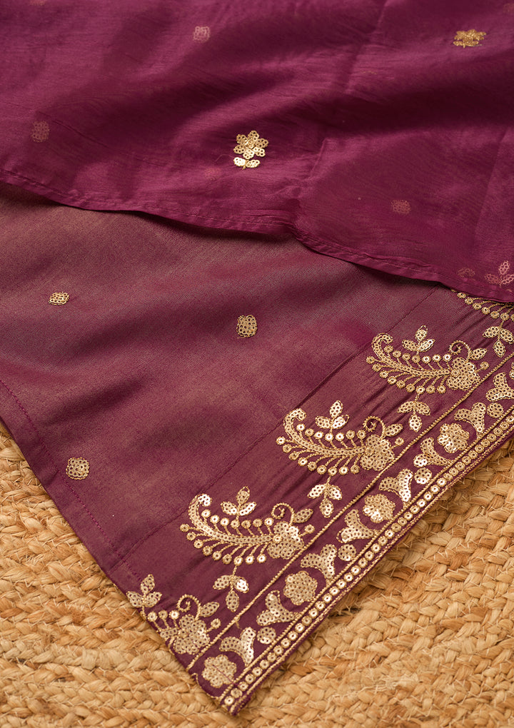 Wine Art Silk Sequins Straight Kurta With Palazzo And Dupatta