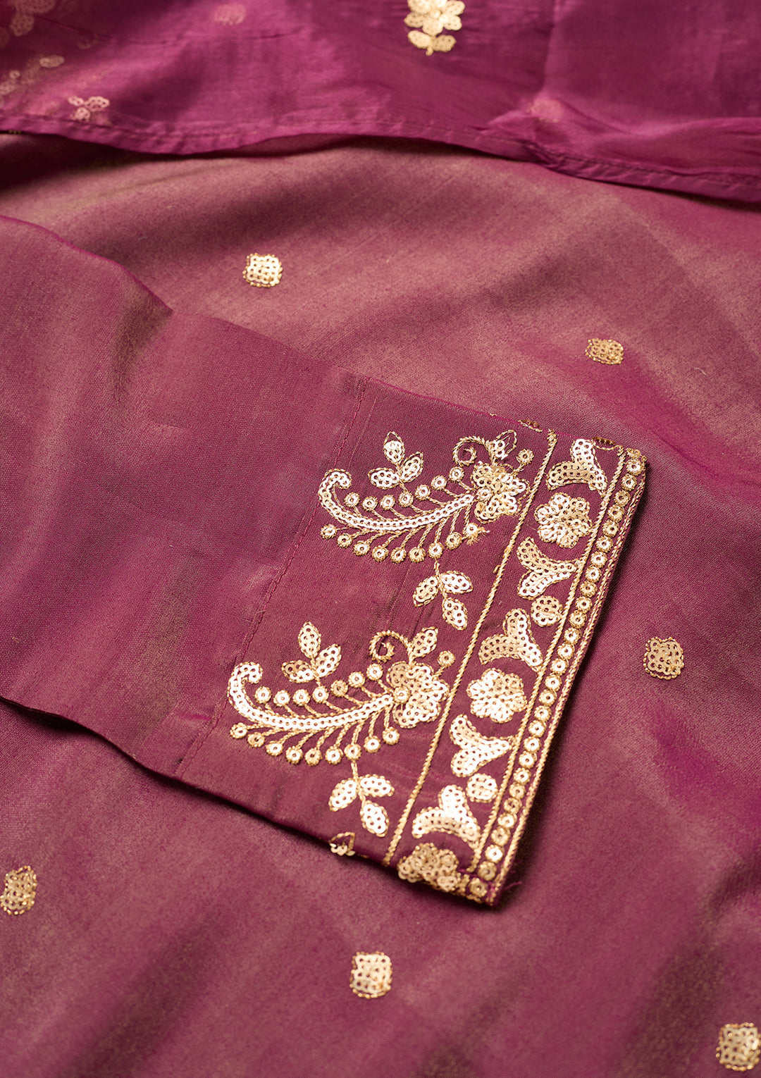 Wine Art Silk Sequins Straight Kurta With Palazzo And Dupatta