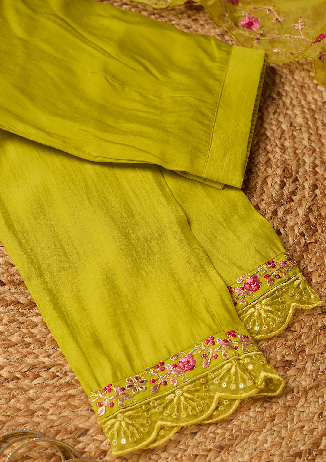 Lime Green Art Silk Threadwork A Line Kurta With Pant Regular And Dupatta