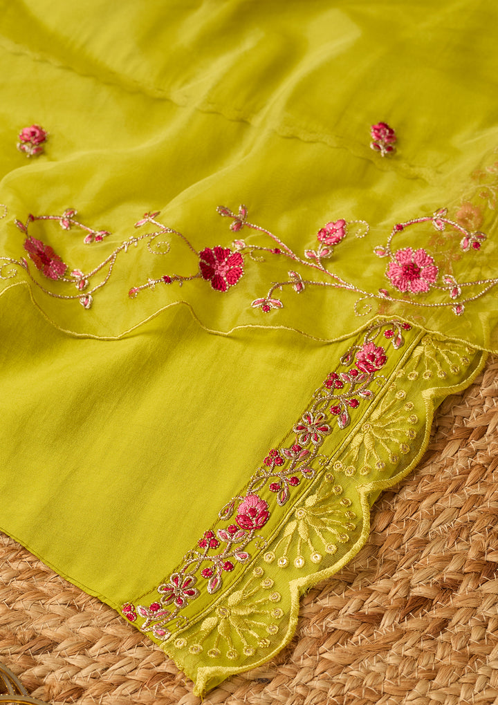 Lime Green Art Silk Threadwork A Line Kurta With Pant Regular And Dupatta