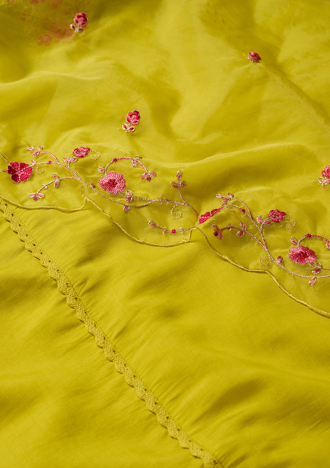 Lime Green Art Silk Threadwork A Line Kurta With Pant Regular And Dupatta