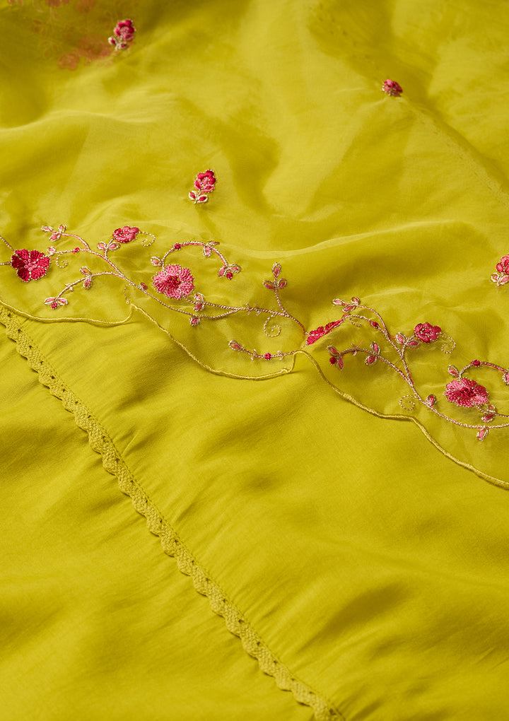 Lime Green Art Silk Threadwork A Line Kurta With Pant Regular And Dupatta