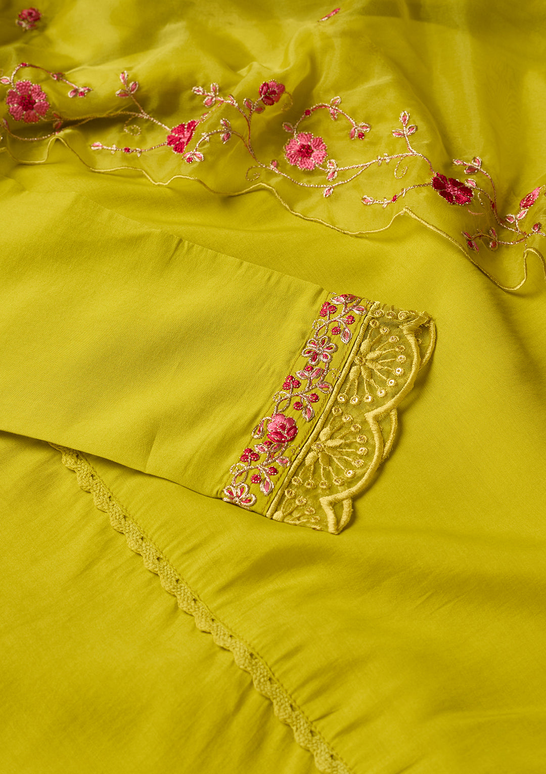Lime Green Art Silk Threadwork A Line Kurta With Pant Regular And Dupatta