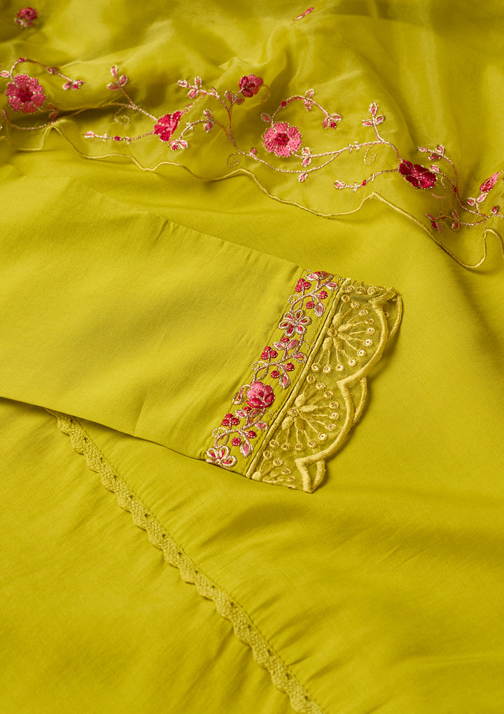 Lime Green Art Silk Threadwork A Line Kurta With Pant Regular And Dupatta