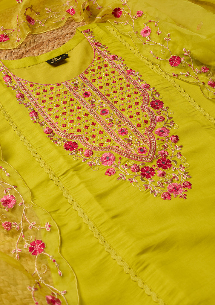 Lime Green Art Silk Threadwork A Line Kurta With Pant Regular And Dupatta