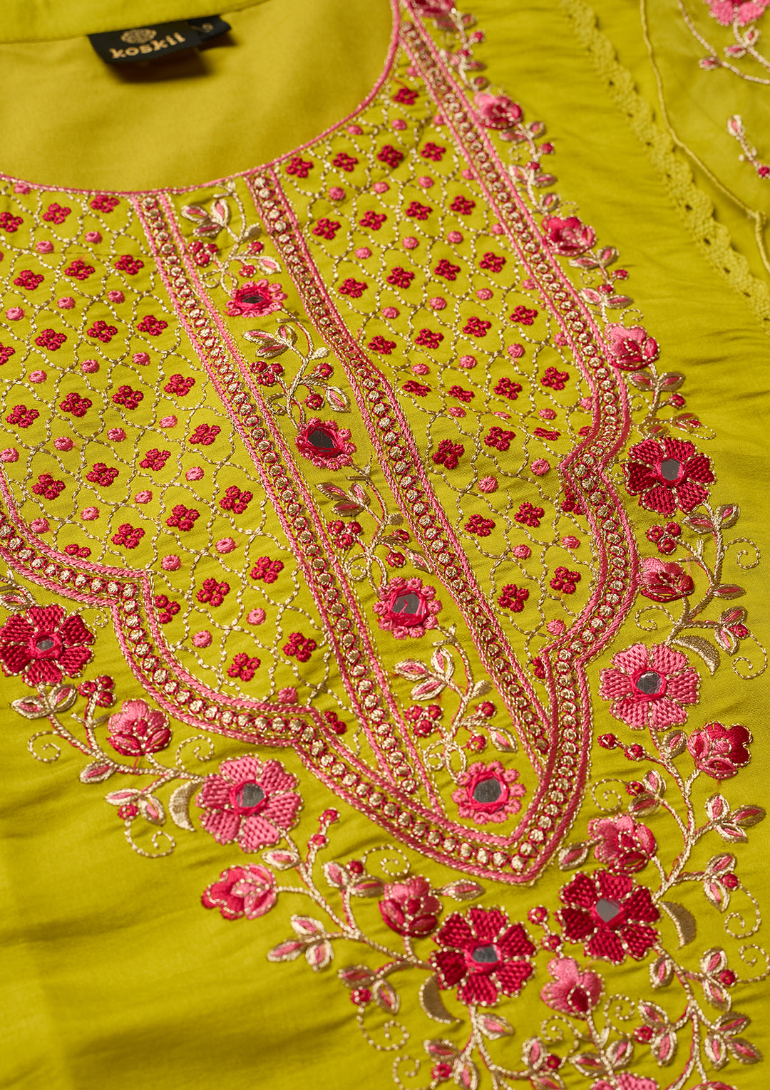 Lime Green Art Silk Threadwork A Line Kurta With Pant Regular And Dupatta