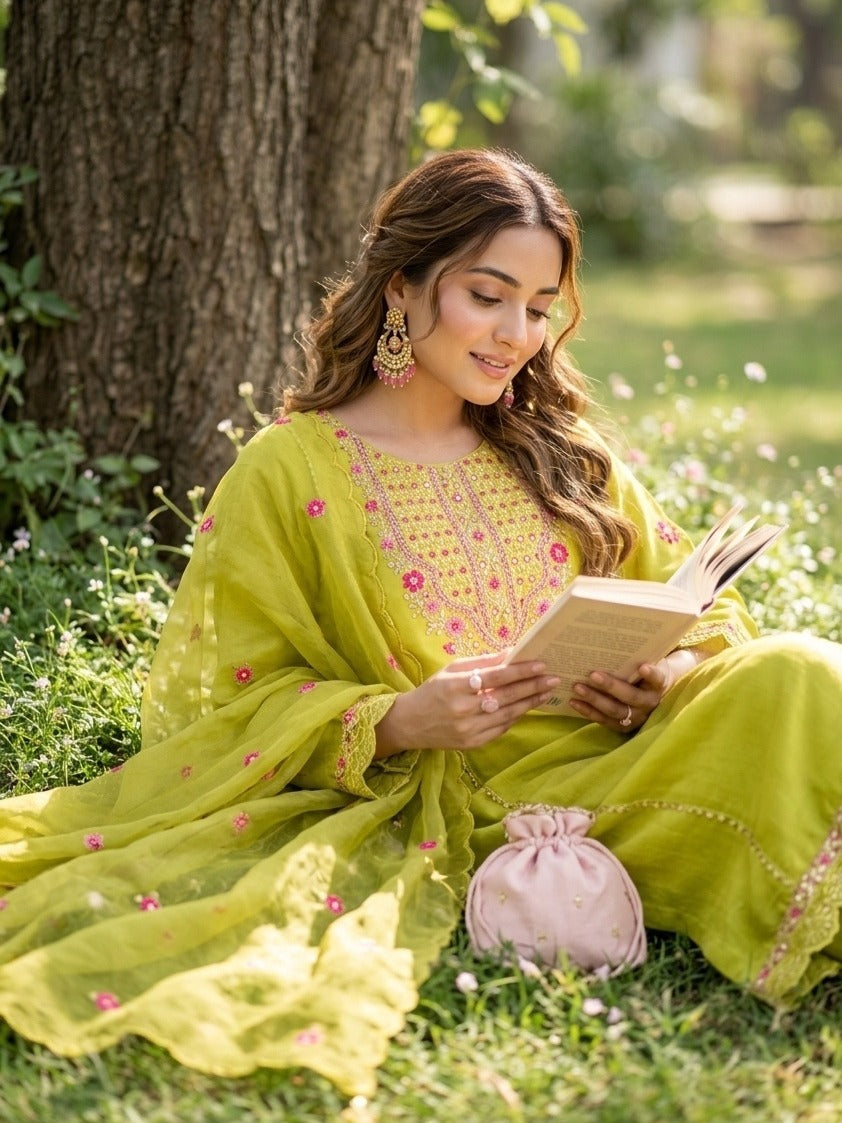 Lime Green Art Silk Threadwork A Line Kurta With Pant Regular And Dupatta