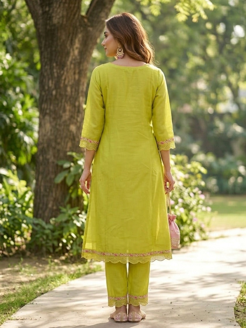 Lime Green Art Silk Threadwork A Line Kurta With Pant Regular And Dupatta