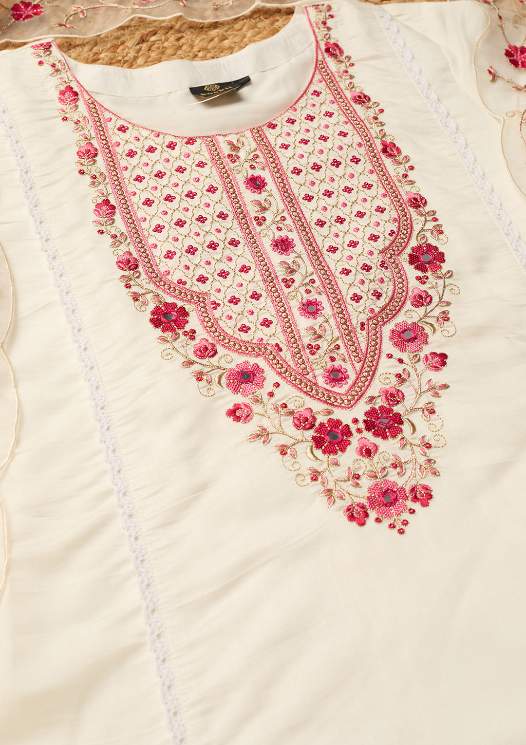 Off White Art Silk Threadwork A Line Kurta With Pant Regular And Dupatta