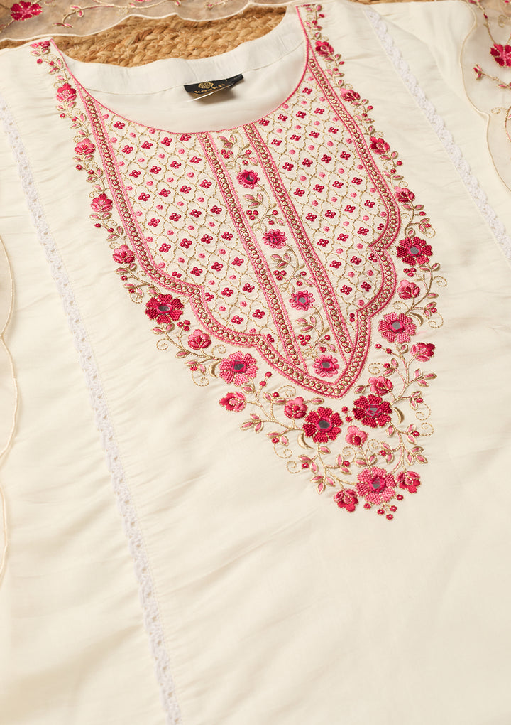 Off White Art Silk Threadwork A Line Kurta With Pant Regular And Dupatta