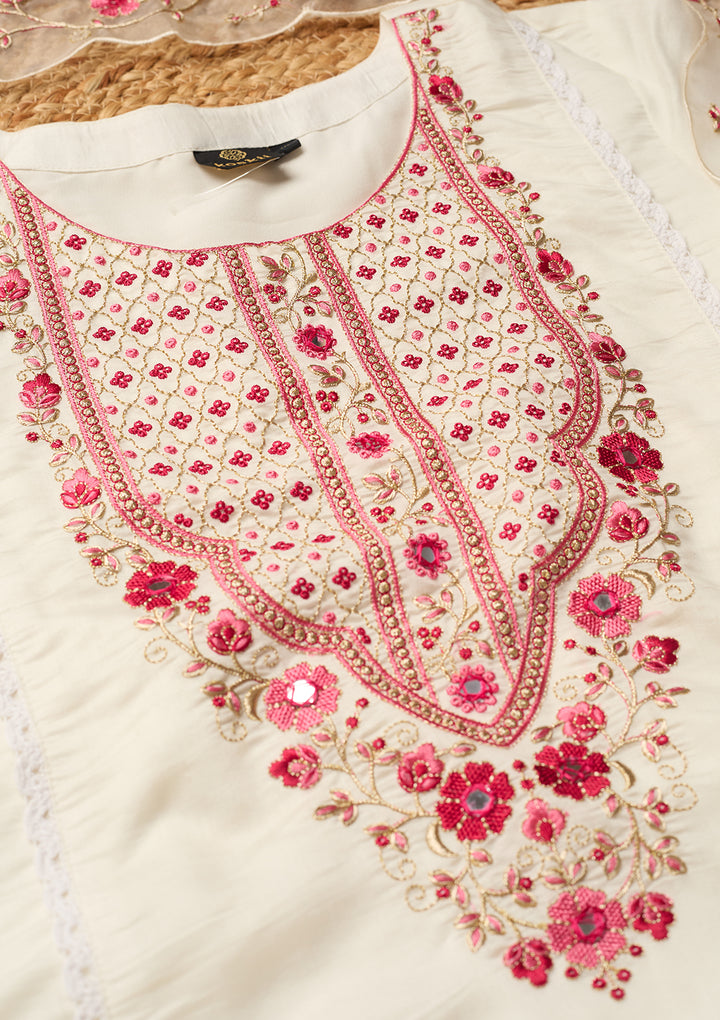 Off White Art Silk Threadwork A Line Kurta With Pant Regular And Dupatta