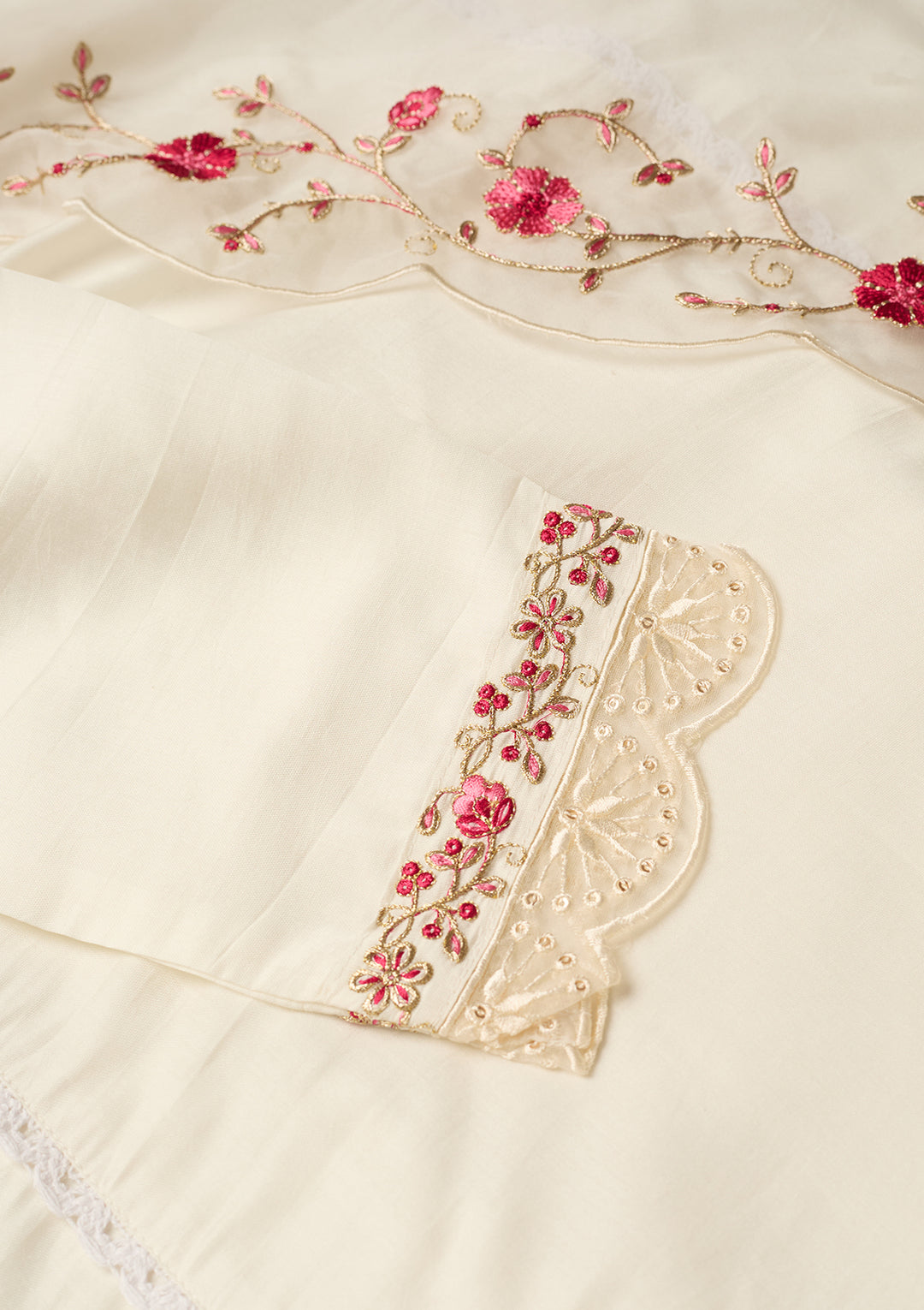 Off White Art Silk Threadwork A Line Kurta With Pant Regular And Dupatta