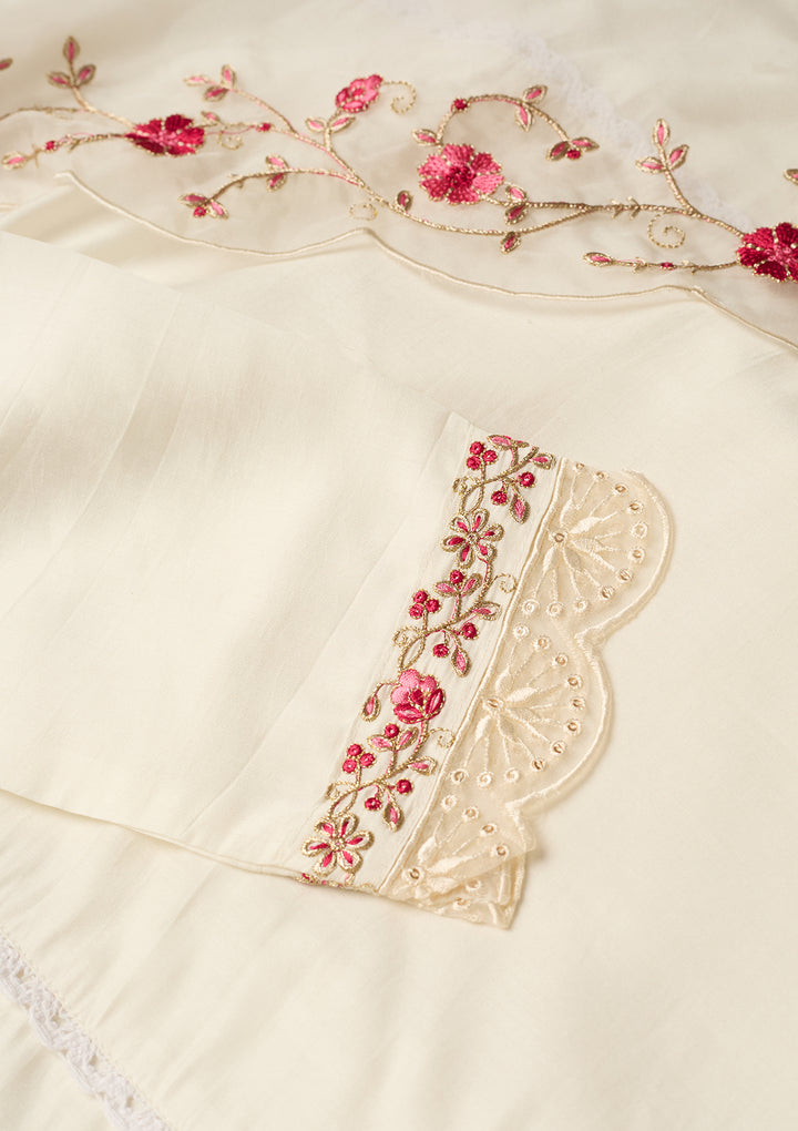 Off White Art Silk Threadwork A Line Kurta With Pant Regular And Dupatta