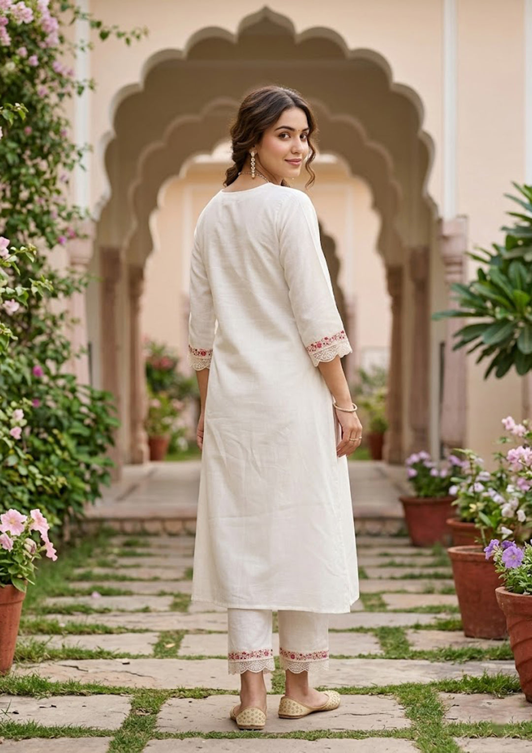 Off White Art Silk Threadwork A Line Kurta With Pant Regular And Dupatta
