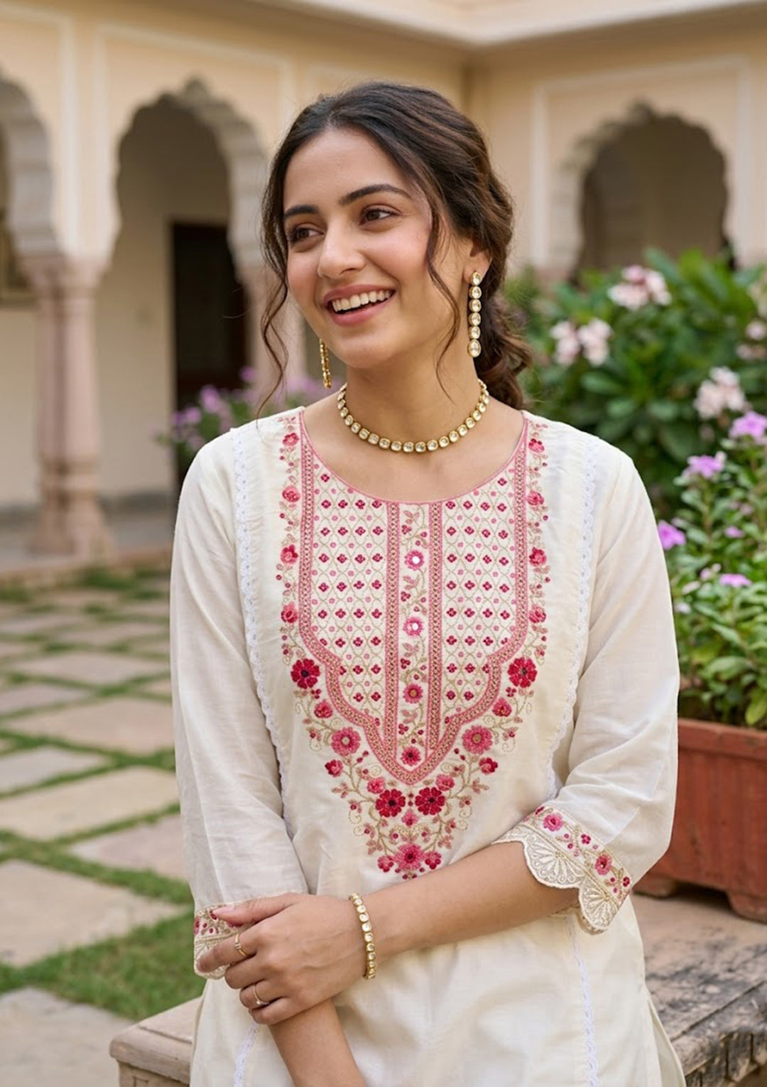 Off White Art Silk Threadwork A Line Kurta With Pant Regular And Dupatta