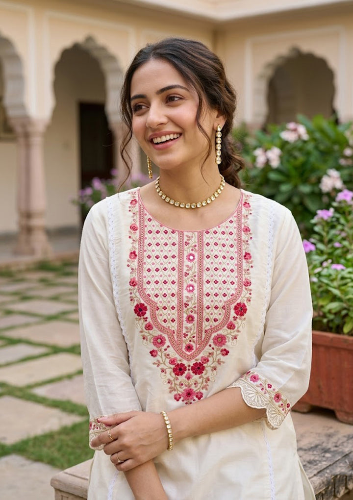 Off White Art Silk Threadwork A Line Kurta With Pant Regular And Dupatta