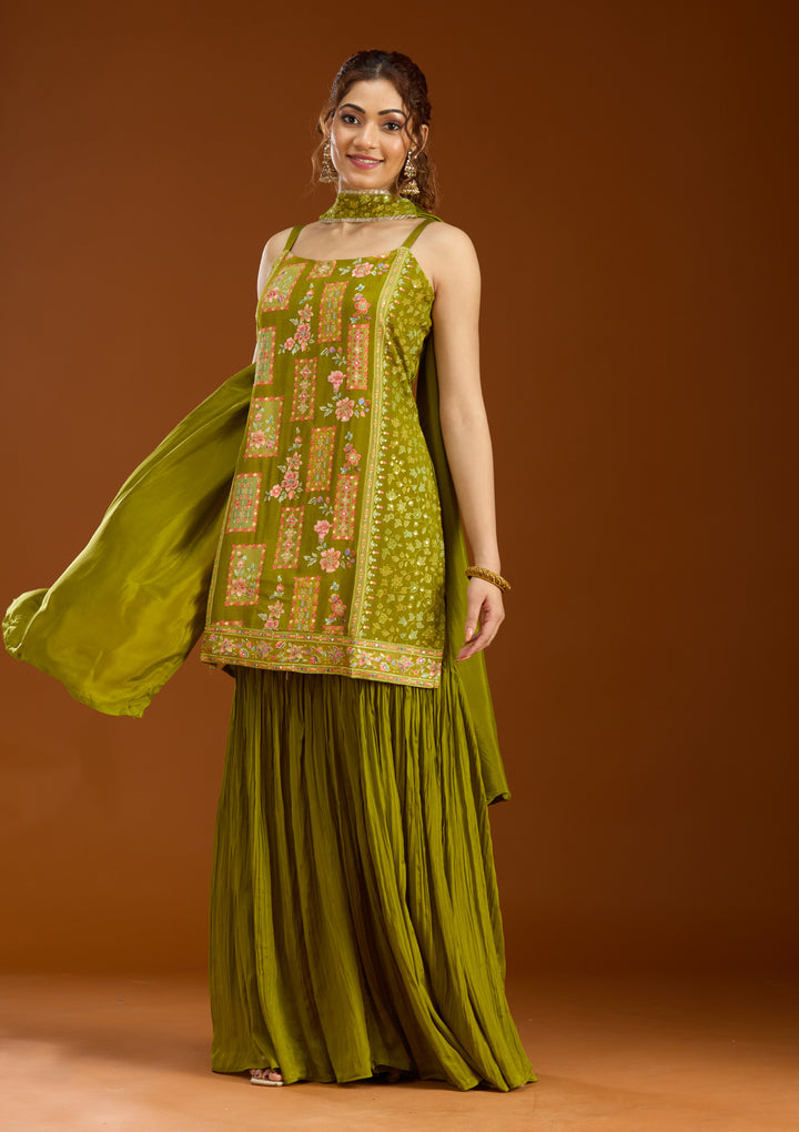 Mehandi Green Chinon Threadwork Straight Kurta With Sharara And Dupatta