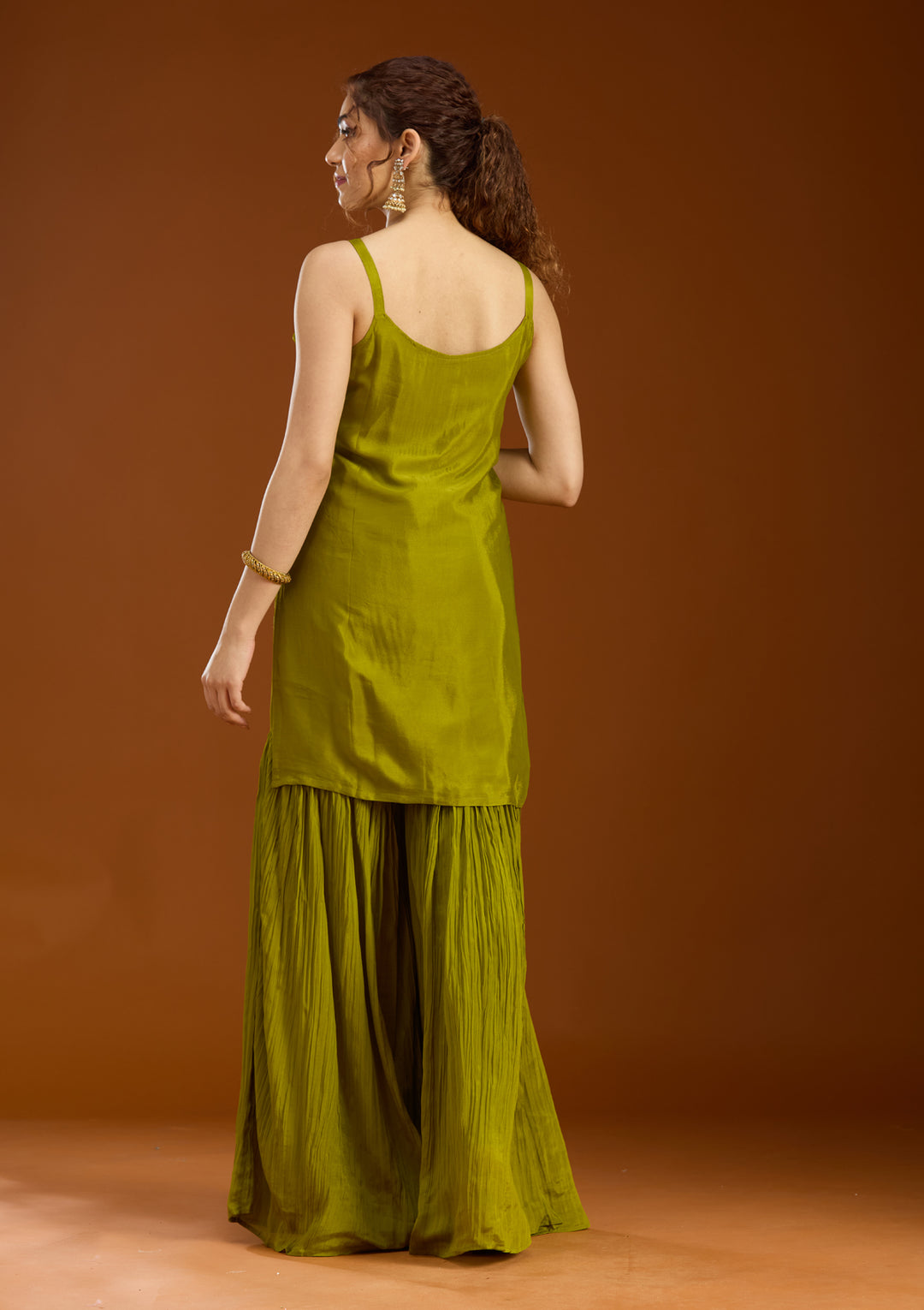 Mehandi Green Chinon Threadwork Straight Kurta With Sharara And Dupatta
