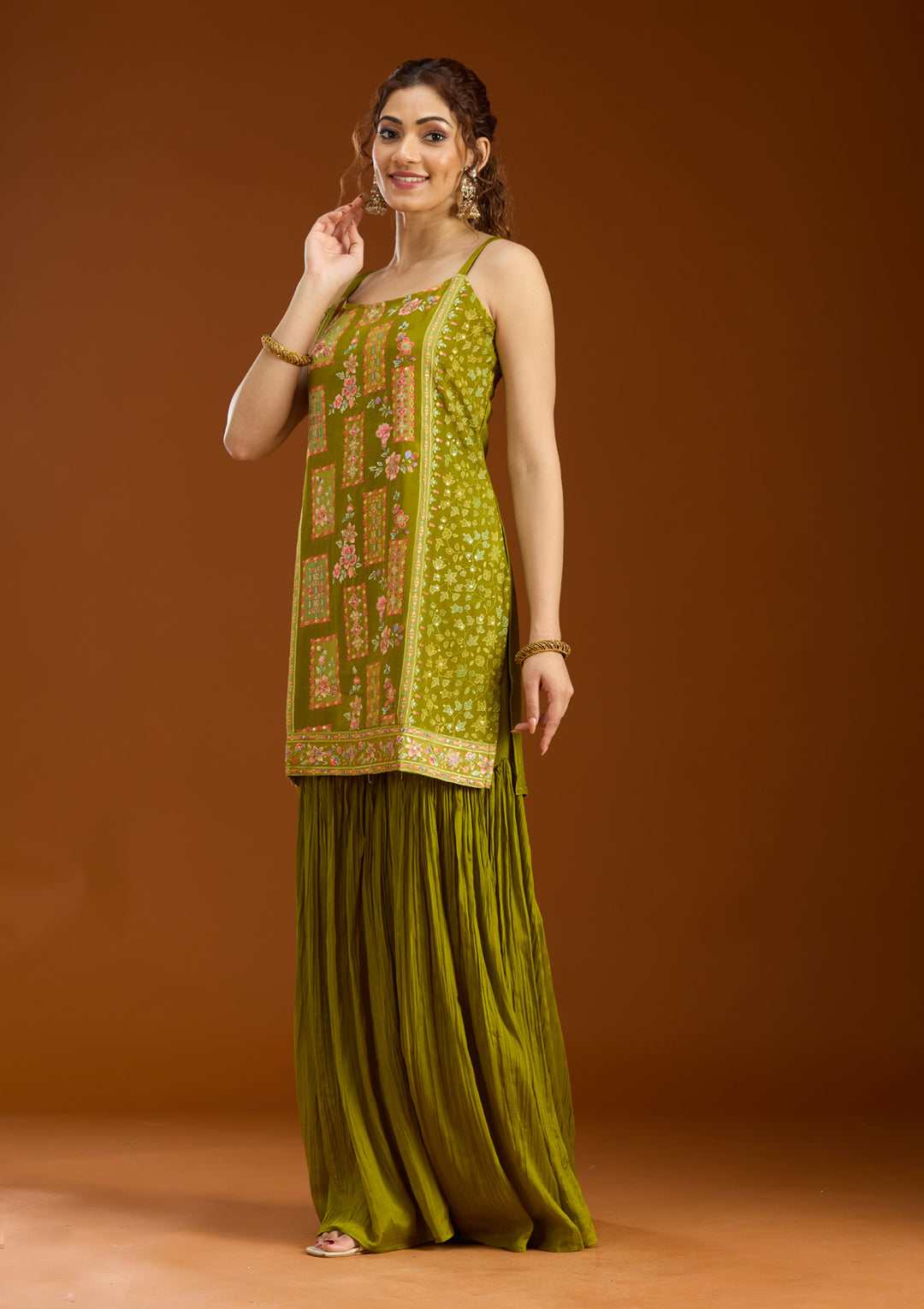 Mehandi Green Chinon Threadwork Straight Kurta With Sharara And Dupatta