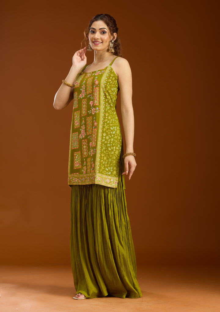 Mehandi Green Chinon Threadwork Straight Kurta With Sharara And Dupatta