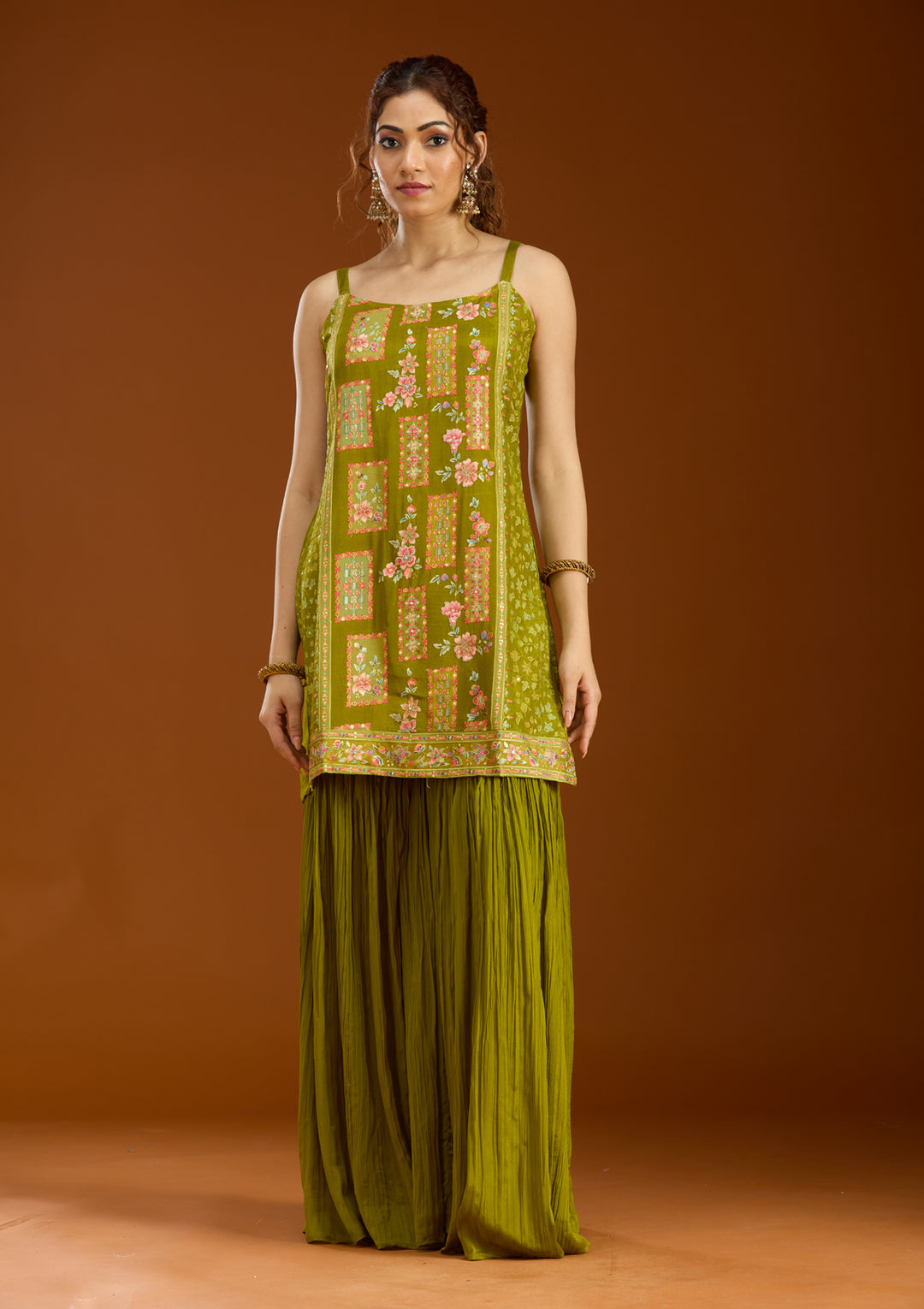Mehandi Green Chinon Threadwork Straight Kurta With Sharara And Dupatta